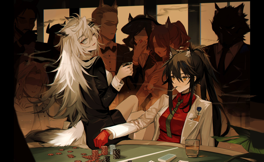 absurdres animal_ear_fluff animal_ears arknights black_hair collared_shirt gloves grey_eyes hair_ornament hairclip highres lappland_(arknights) long_sleeves meng_ziya necktie poker_chip ponytail red_gloves red_shirt scar scar_across_eye scar_on_face shirt sleeve_cuffs tail texas_(arknights) wolf_ears wolf_girl wolf_tail