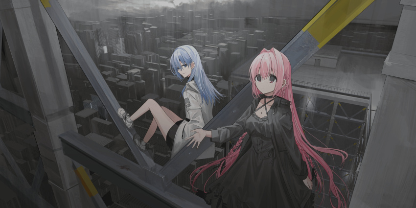 2girls bangs black_dress black_jacket black_shorts blue_eyes blue_hair breasts building chihuri cityscape closed_mouth collarbone criss-cross_halter dress hair_between_eyes hair_intakes halterneck highres jacket long_hair long_sleeves medium_breasts multiple_girls open_clothes open_jacket original pink_hair puffy_long_sleeves puffy_sleeves shoes short_shorts shorts skyscraper smile very_long_hair violet_eyes white_footwear white_jacket