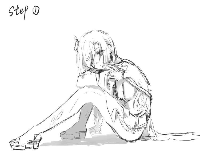 1girl bangs braid bridal_gauntlets chinese_clothes clothing_cutout commentary_request full_body genshin_impact gloves hair_over_one_eye high_heels how_to_draw_an_owl_(meme) knees_up long_hair looking_at_viewer meme shenhe_(genshin_impact) sketch solo xinzoruo