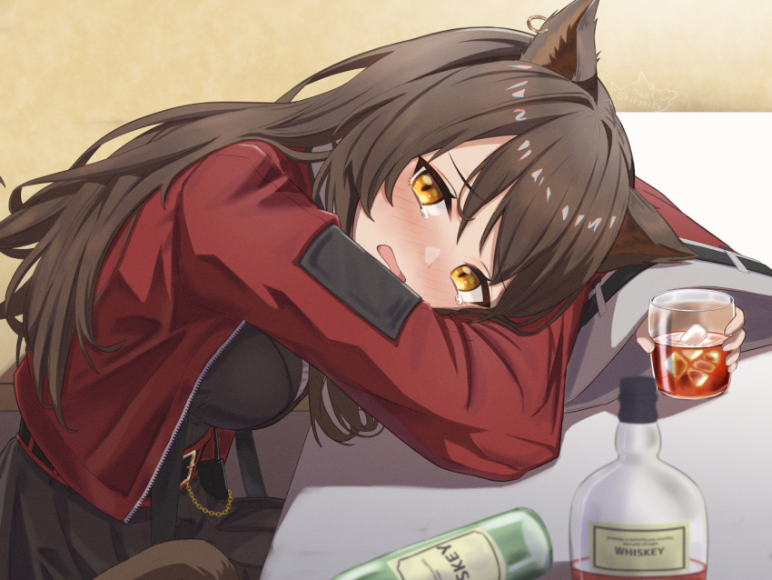 1girl alcohol animal_ears arknights black_shirt black_skirt blush brown_hair cat_ears crying crying_with_eyes_open cup head_rest holding holding_cup jacket long_hair looking_at_viewer open_mouth pleated_skirt red_jacket shironekoban shirt skirt skyfire_(arknights) solo tears whiskey wide_sleeves yellow_eyes