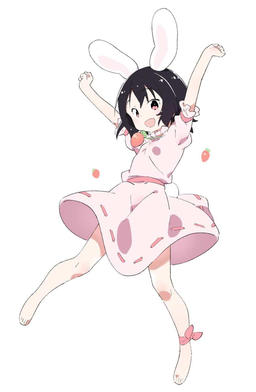 1girl absurdres animal_ears ankle_ribbon bare_legs barefoot black_hair breasts carrot_necklace commentary_request dress floppy_ears full_body happy highres inaba_tewi jewelry kt_kkz leg_ribbon necklace open_mouth pink_dress puffy_short_sleeves puffy_sleeves rabbit_ears rabbit_girl rabbit_tail red_eyes ribbon ribbon-trimmed_dress short_hair short_sleeves simple_background small_breasts solo tail toes touhou white_background