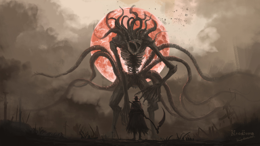 1boy bloodborne bone boots facing_another facing_away fog gehrman_the_first_hunter grass hat highres holding holding_scythe holding_weapon monster moon moon_presence outdoors red_moon scythe solo torn_jacket tripdancer weapon