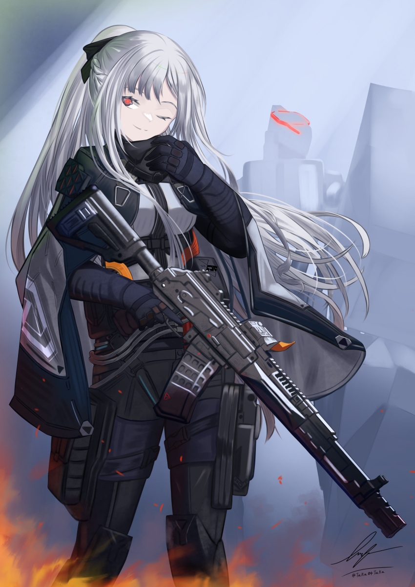 1girl absurdres ak-12 ak-12_(girls'_frontline) artificial_eye assault_rifle black_pants braid cape french_braid girls_frontline grey_hair gun hair_ribbon high_ponytail highres holding holding_gun holding_weapon kalashnikov_rifle knee_guards long_hair mask mask_removed mechanical_eye mouth_mask one_eye_closed pants ribbon rifle tactical_clothes trigger_discipline unitaka violet_eyes weapon