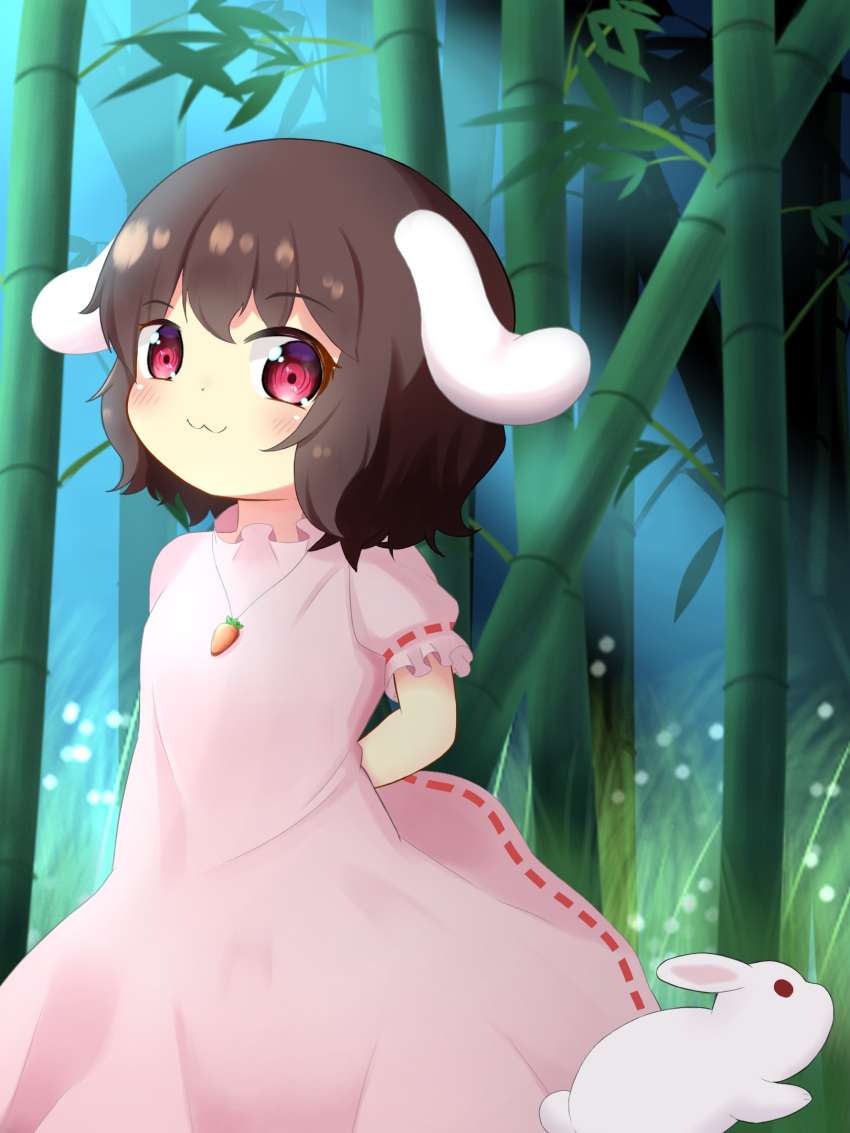 1girl :3 animal_ears arms_behind_back bamboo bamboo_forest bangs blush breasts brown_hair carrot_necklace closed_mouth commentary_request cowboy_shot dress floppy_ears forest frilled_sleeves frills grass highres inaba_tewi jewelry koruk700 looking_at_viewer nature necklace pink_dress rabbit rabbit_ears rabbit_girl red_eyes ribbon-trimmed_dress short_hair small_breasts smile solo touhou