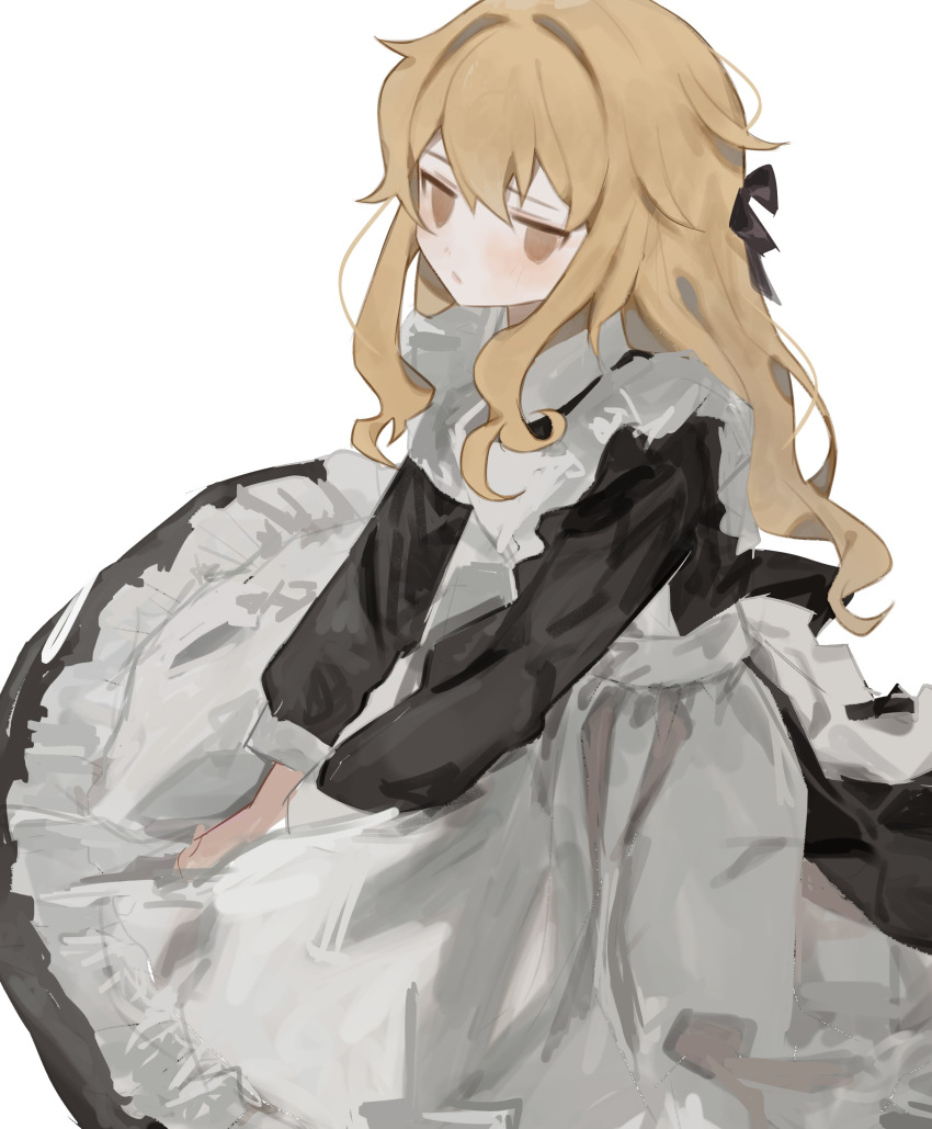 1girl absurdres apron bangs black_bow black_dress blonde_hair blush bow brown_eyes closed_mouth dress frilled_apron frills hair_bow hands_on_lap haru_(ririne9999rine) highres kirisame_marisa long_hair long_sleeves looking_at_viewer revision simple_background sitting solo touhou white_apron white_background