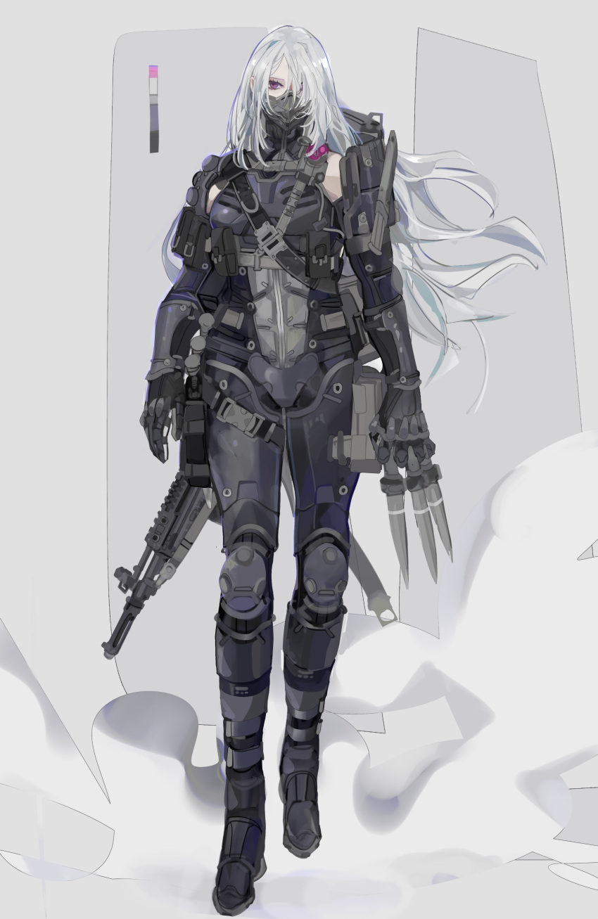 1girl absurdres ak-15 ak-15_(girls'_frontline) alternate_costume body_armor buckle color_guide defy_(girls'_frontline) detached_sleeves full_body girls_frontline gun gun_on_back half_mask highres holding holding_knife kalashnikov_rifle knife long_hair looking_at_viewer mask mod3_(girls'_frontline) nslacka official_alternate_costume pouch rifle sheath sheathed simple_background solo tactical_clothes throwing_knife violet_eyes weapon weapon_on_back white_hair