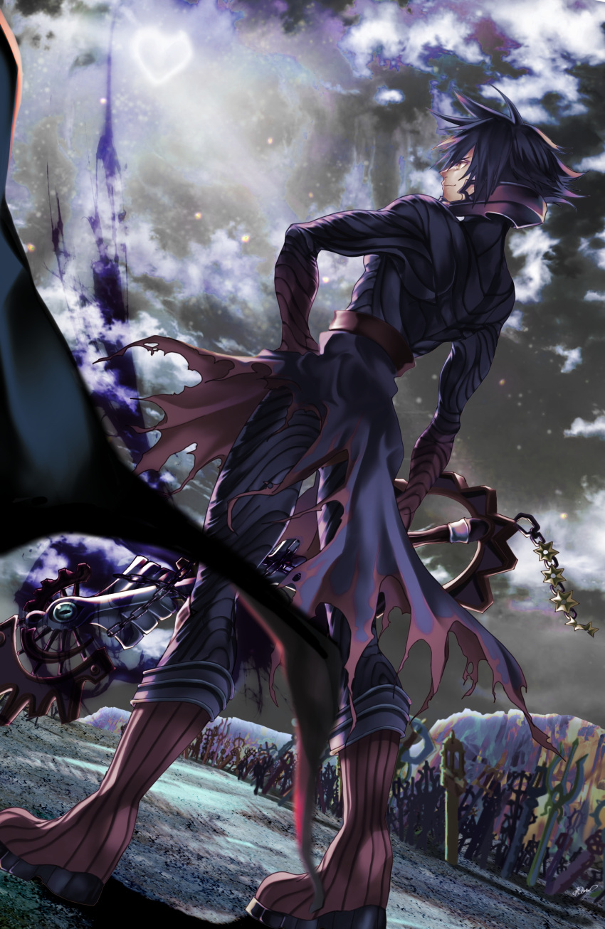 1boy absurdres black_bodysuit black_hair bodysuit boots cloud_strife crow_illust facing_away full_body hair_between_eyes hand_on_hip highres holding holding_weapon keyblade kingdom_hearts kingdom_hearts_iii male_focus outdoors planted red_footwear short_hair solo spiky_hair standing vanitas waist_cape weapon yellow_eyes