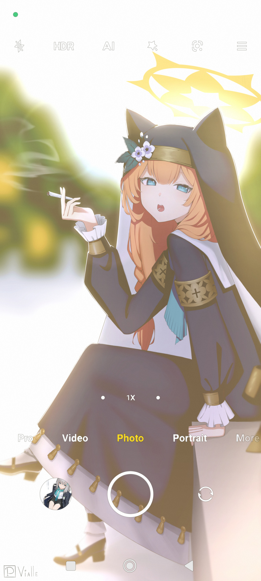 absurdres blue_archive blurry blurry_background braid green_eyes hair_ornament halo highres leaf_hair_ornament looking_at_viewer mari_(blue_archive) nun open_mouth orange_hair puffy_sleeves shiroko_(blue_archive) sitting smoke smoking socks tree veil vialle white_socks