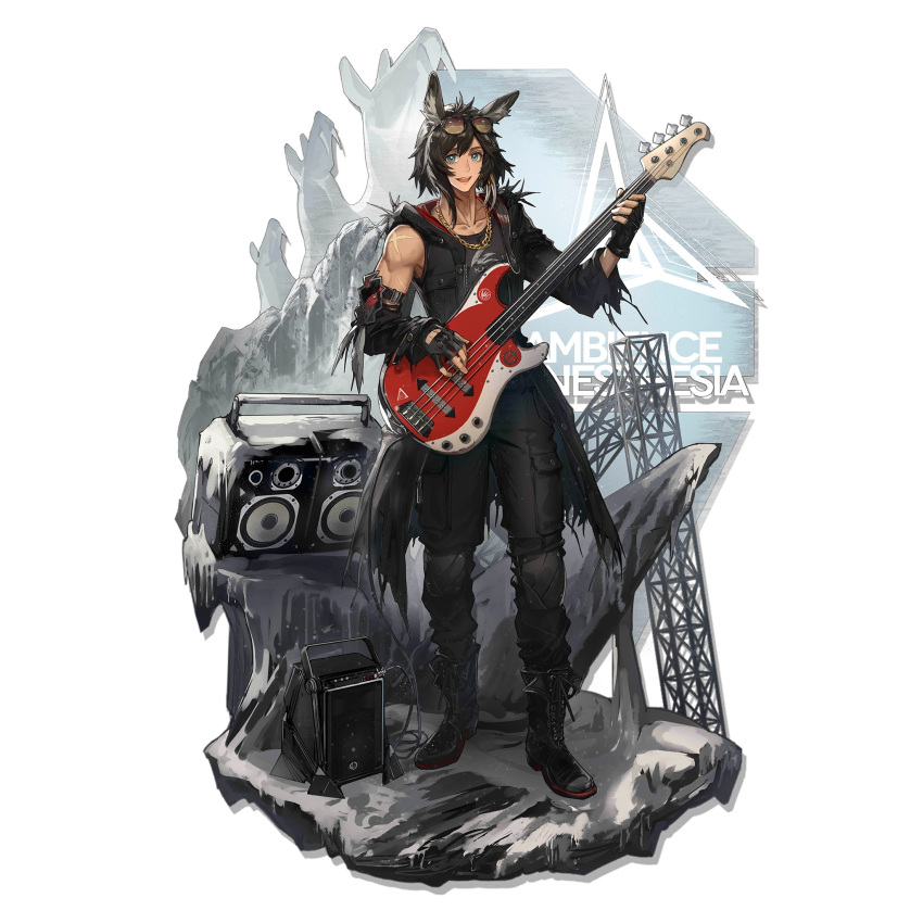 1boy animal_ears arknights armband artist_request black_gloves black_pants brown_hair commentary_request courier_(arknights) dated facing_viewer fingerless_gloves full_body gloves goggles goggles_on_head guitar highres instrument male_focus md5_mismatch music non-web_source official_art pants photoshop_(medium) playing_instrument red_scarf scarf simple_background sleeveless source_request white_background