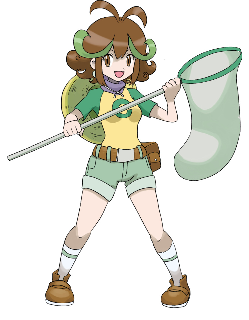 1girl antenna_hair bad_link brown_eyes brown_footwear brown_hair butterfly_net full_body green_hair green_shorts hand_net highres holding holding_butterfly_net looking_at_viewer multicolored_hair official_style open_mouth original pokemon pokemon_(game) praeto shirt short_hair short_sleeves shorts smile socks solo white_socks yellow_shirt