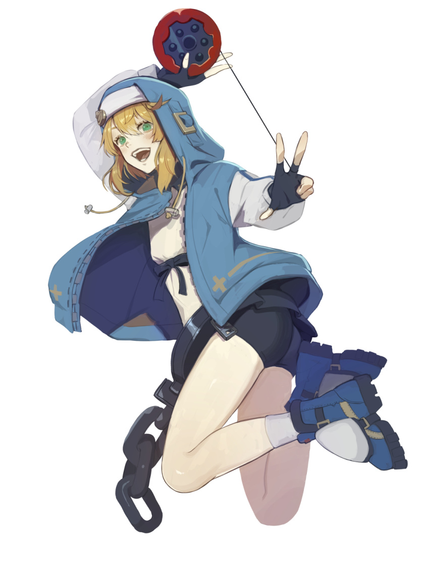 1girl androgyne_symbol arm_up black_gloves blonde_hair blue_footwear blue_hoodie blush bridget_(guilty_gear) chain cuffs eyelashes fingerless_gloves gloves green_eyes grey_socks guilty_gear guilty_gear_strive hair_between_eyes handcuffs highres holding holding_toy hood hood_up hoodie medium_hair nun open_clothes open_hoodie open_mouth oversized_object oversized_zipper shiny shiny_skin simple_background smile socks solo teeth tongue toy transgender udakyo w white_background yo-yo zipper zipper_pull_tab