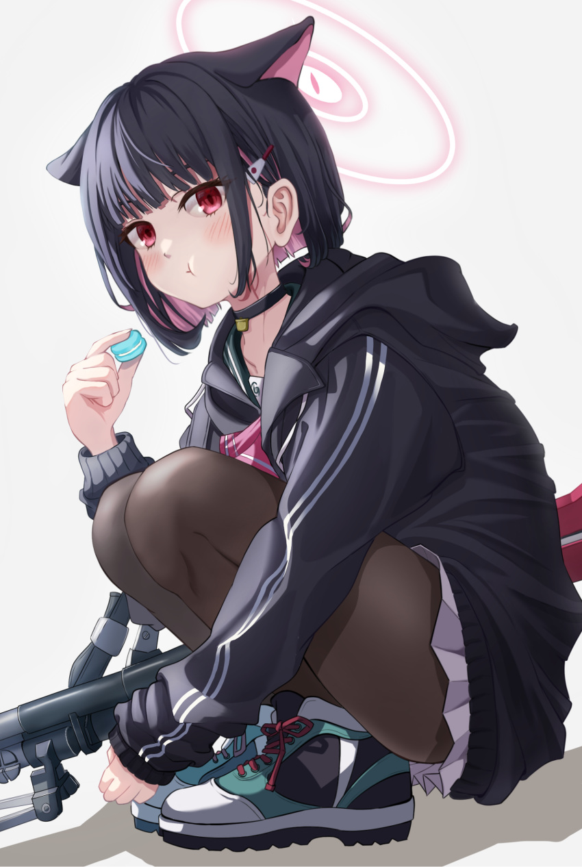 1girl absurdres animal_ears bangs black_hair black_hoodie black_pantyhose blue_archive blush cat_ears choker colored_inner_hair eating food full_body hair_ornament hairclip halo highres holding holding_food hood hood_down hoodie kazusa_(blue_archive) long_sleeves looking_at_viewer macaron multicolored_hair pantyhose pleated_skirt red_eyes sailor_collar she100legs short_sleeves skirt solo squatting