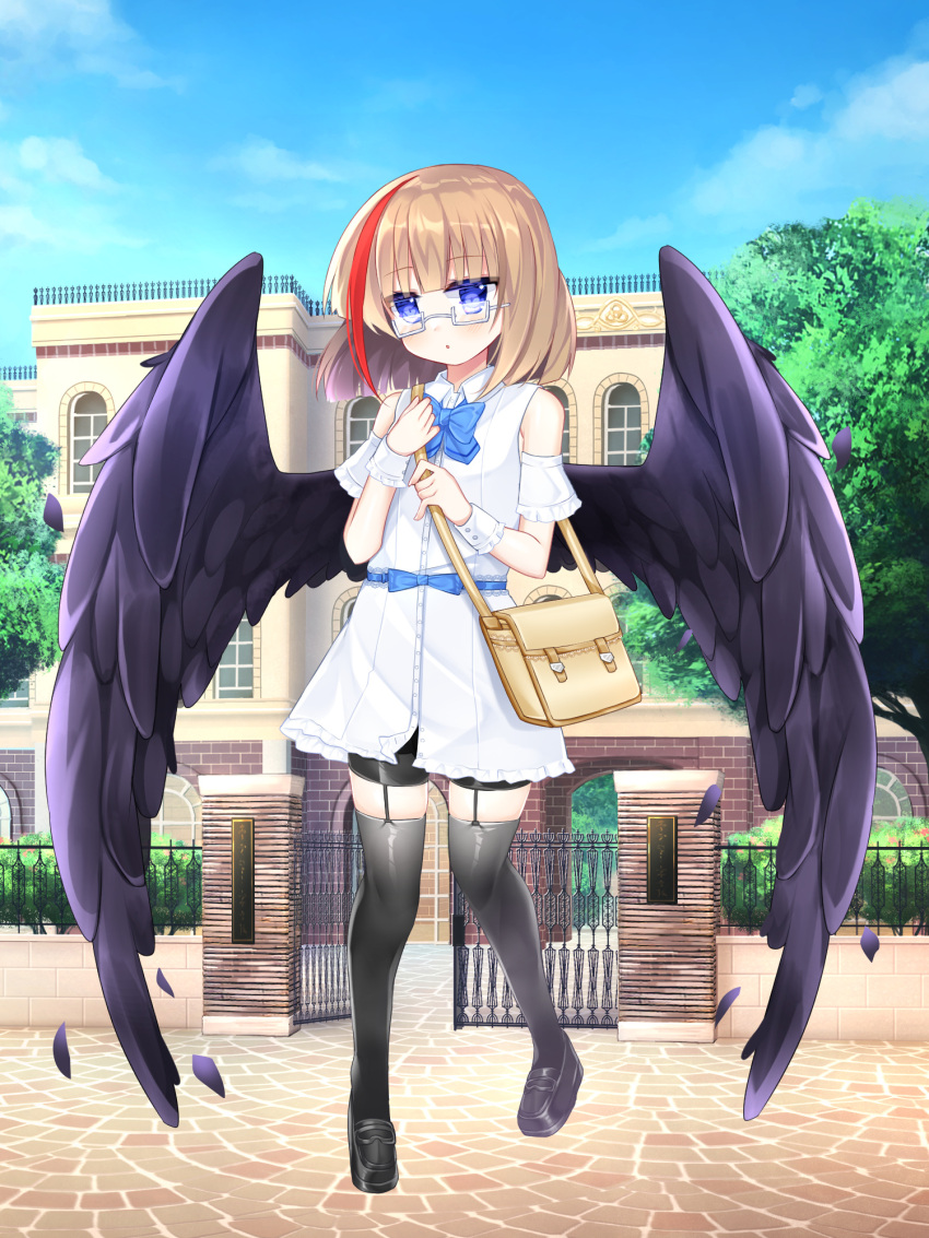 1girl :o bag bangs bare_shoulders black_feathers black_footwear black_shorts black_thighhighs black_wings blue_bow blue_eyes blue_sky blush bow brown_hair building clouds copyright_request dress feathered_wings feathers full_body garter_straps gate glasses grey-framed_eyewear hands_up highres large_wings loafers multicolored_hair open_gate outdoors parted_lips railing redhead semi-rimless_eyewear shikito shoes short_shorts shorts shorts_under_dress shoulder_bag sky solo standing standing_on_one_leg streaked_hair thigh-highs under-rim_eyewear white_dress window wings wrist_cuffs
