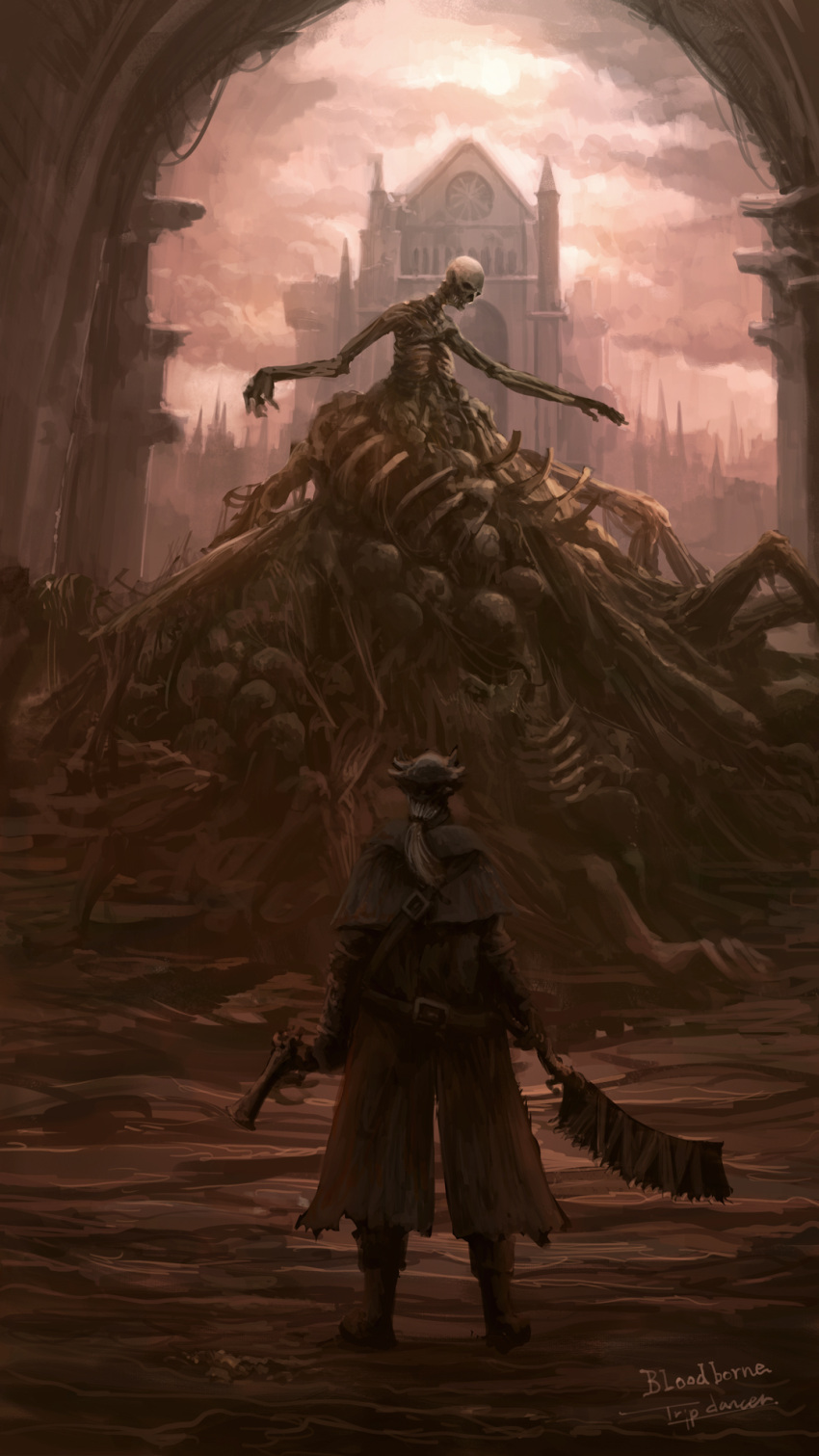 1other artist_name bloodborne boots building capelet character_request church from_behind full_body gun hair_ornament highres holding holding_gun holding_weapon hunter_(bloodborne) outdoors ponytail saw_cleaver standing tripdancer weapon
