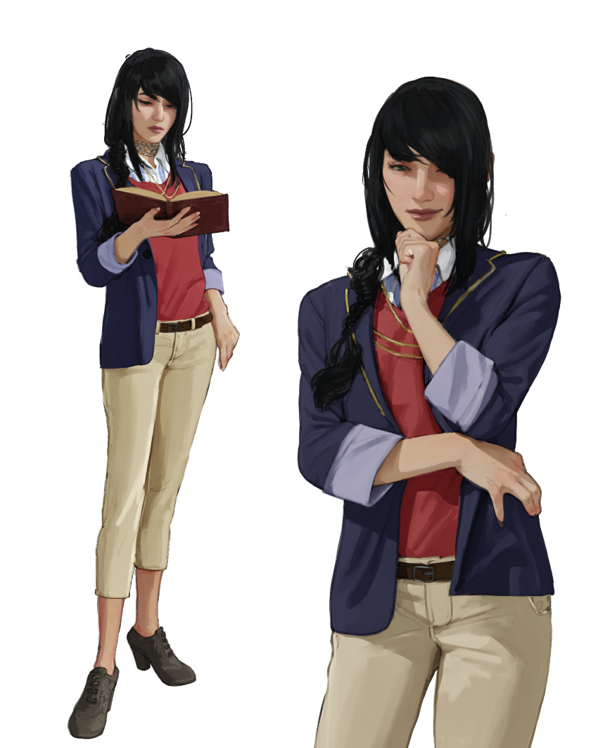 1girl absurdres alternate_costume atamagaitai belt black_belt black_hair blue_jacket book braid brown_footwear collared_shirt commentary contemporary elden_ring fashion grey_pants hand_on_own_chin highres holding holding_book jacket jewelry lips looking_at_viewer multiple_views necklace open_book open_clothes open_jacket pants red_vest shirt shoes simple_background sleeves_rolled_up smile sorceress_sellen vest white_background white_shirt
