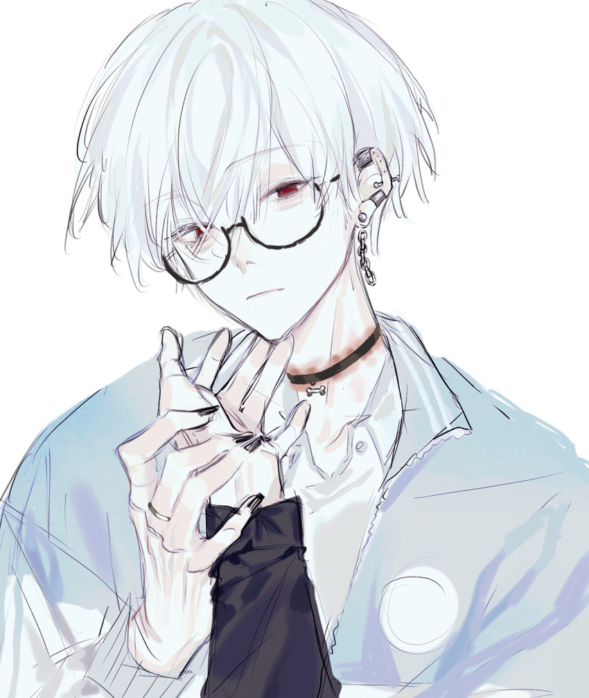 1boy alternate_costume bishounen black_choker bruise choker ear_piercing expressionless glasses grateful_shell_collector grey_hair hand_on_another's_chin highres injury jewelry looking_at_viewer male_focus piercing red_eyes short_hair sketch sky:_children_of_the_light white_hair xiao352884