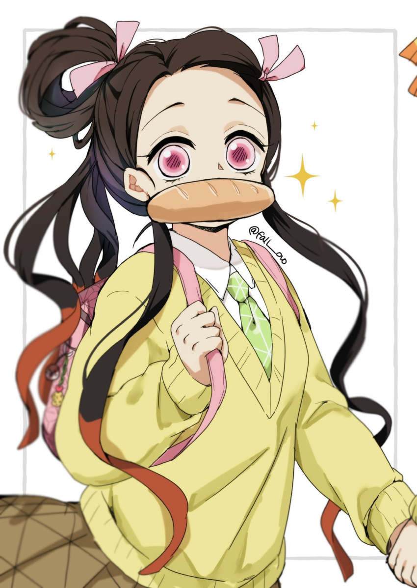 1boy 1girl agatsuma_zenitsu bag blonde_hair bread brown_hair brown_skirt food highres kamado_nezuko kimetsu_gakuen kimetsu_no_yaiba long_hair multicolored_hair necktie pink_eyes ponytail pori_(kmt_pori) school_uniform shirt shoulder_bag skirt sweater_vest v-neck white_shirt yellow_sweater_vest