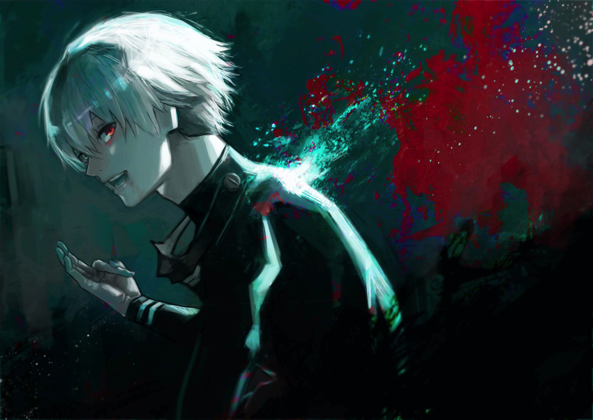 1boy abstract_background absurdres aqua_tongue cracking_knuckles grey_eyes hair_between_eyes heterochromia highres kaneki_ken looking_at_viewer male_focus mask mask_around_neck mask_removed open_mouth red_eyes smile solo tokishima_sikuka tokyo_ghoul tongue white_hair