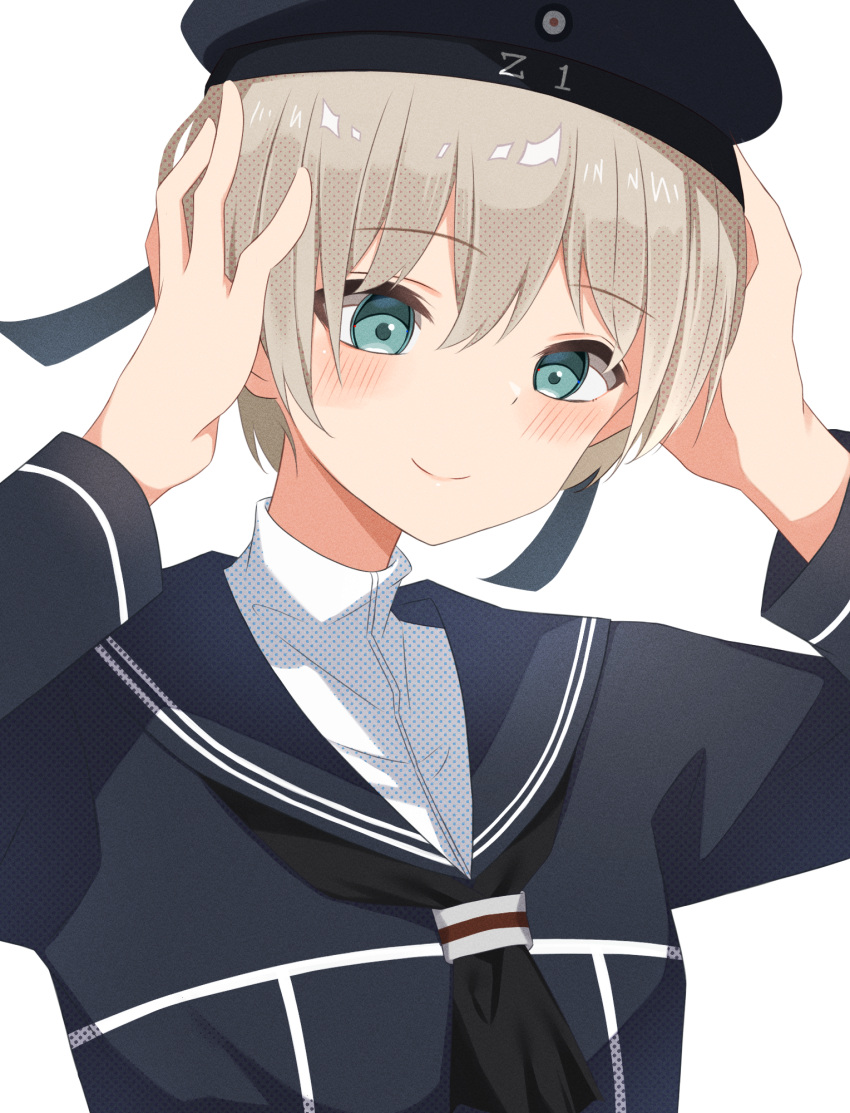 1girl black_dress black_headwear black_sailor_collar blonde_hair blue_eyes blush closed_mouth clothes_writing dress hachino_mugi hair_between_eyes hat highres kantai_collection long_sleeves sailor_collar sailor_dress sailor_hat short_hair simple_background smile solo upper_body white_background z1_leberecht_maass_(kancolle)