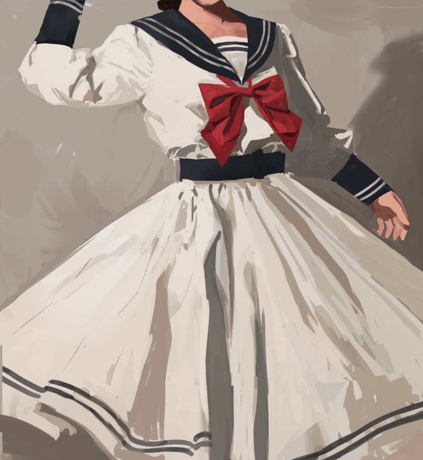 1girl absurdres black_hair black_sailor_collar bow bowtie english_commentary grey_background haru_(ririne9999rine) head_out_of_frame highres long_skirt long_sleeves looking_at_viewer original red_bow red_bowtie sailor_collar school_uniform serafuku simple_background skirt solo white_skirt