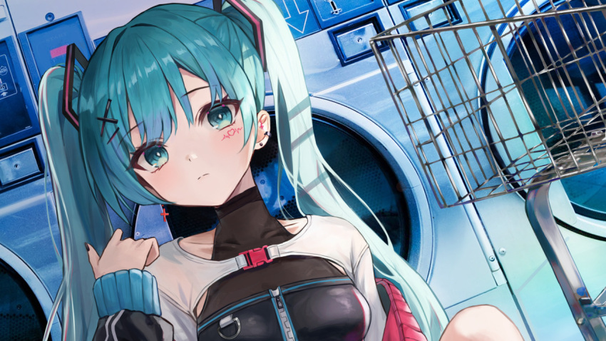 1girl asymmetrical_earrings black_nails blue_eyes blue_hair closed_mouth collarbone cross cross_earrings dutch_angle earrings frown hair_ornament hatsune_miku jewelry long_hair long_sleeves looking_at_viewer nail_polish remu_(cxnd5724) shiny shiny_hair sleeves_past_wrists solo turtleneck twintails vocaloid washing_machine x_hair_ornament