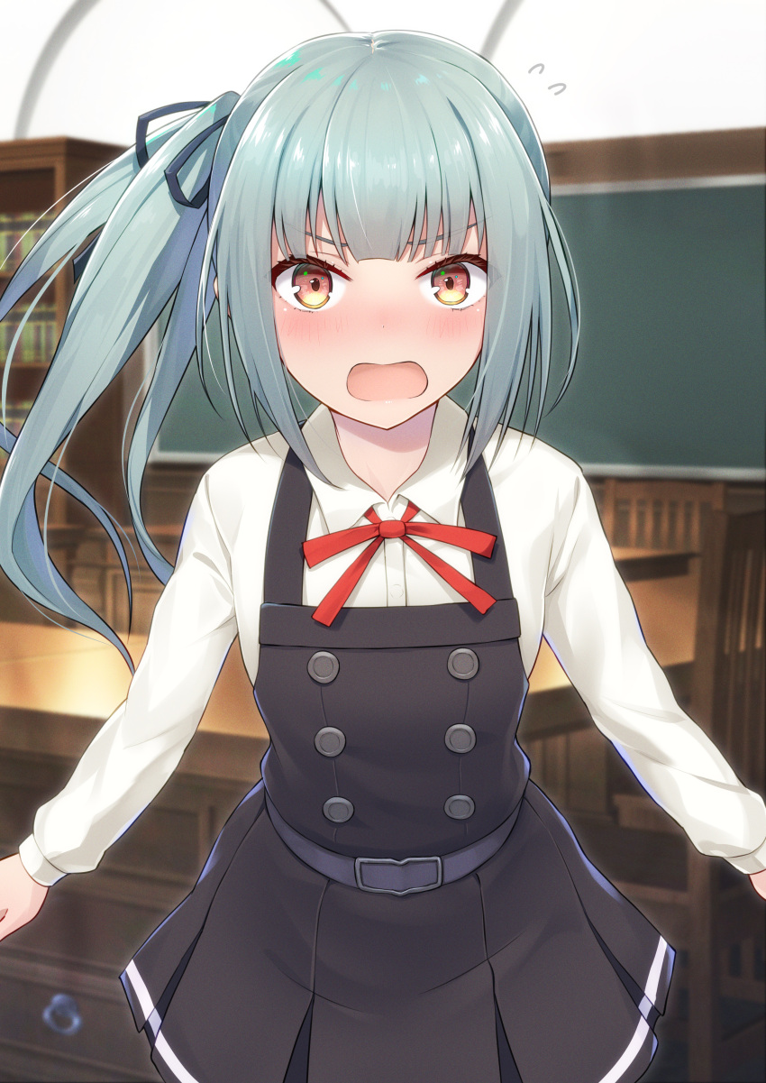 1girl absurdres belt black_belt black_ribbon blush brown_eyes chalkboard dress grey_hair hair_ribbon highres indoors kanden_sky kantai_collection kasumi_(kancolle) kasumi_kai_ni_(kancolle) long_hair long_sleeves neck_ribbon open_mouth pinafore_dress red_ribbon ribbon shirt side_ponytail sleeveless sleeveless_dress solo table white_shirt