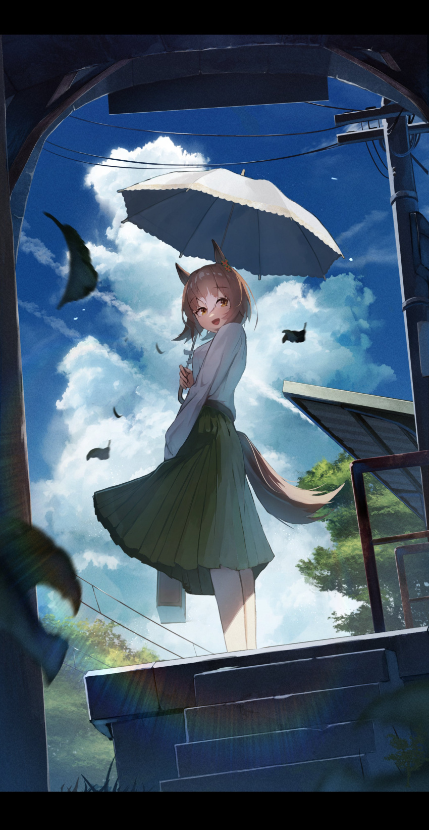 1girl absurdres animal_ears arm_at_side bangs breasts brown_eyes brown_hair clouds fine_motion_(umamusume) green_skirt hair_between_eyes highres holding holding_suitcase holding_umbrella horse_ears horse_girl horse_tail leaf letterboxed long_sleeves no_842 open_mouth parasol power_lines shirt short_hair skirt small_breasts smile solo standing suitcase tail tail_through_clothes train_station tree umamusume umbrella utility_pole white_shirt wind