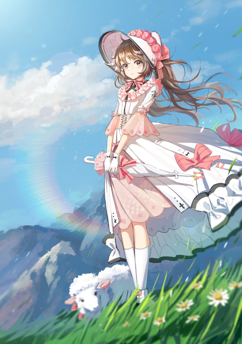 1girl absurdres ambience_synesthesia animal arknights blue_sky bonnet bow brown_eyes brown_hair closed_mouth closed_umbrella clouds commentary_request day dress eyjafjalla_(arknights) flower highres holding holding_umbrella kneehighs long_hair long_sleeves mountain official_alternate_costume outdoors pink_bow pink_flower pink_rose rose sheep shoes sky socks solo standing striped striped_bow twintails umbrella very_long_hair white_dress white_flower white_footwear white_headwear white_socks white_umbrella wide_sleeves yu_hua