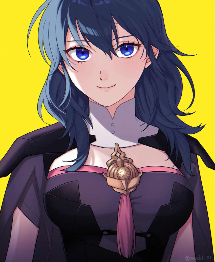 1girl armor armored_dress black_cape black_dress blue_eyes blue_hair breasts byleth_(fire_emblem) byleth_eisner_(female) cape closed_mouth commentary dress eyelashes fire_emblem fire_emblem:_three_houses highres long_hair looking_at_viewer medium_breasts peach11_01 simple_background smile solo tassel twitter_username upper_body yellow_background