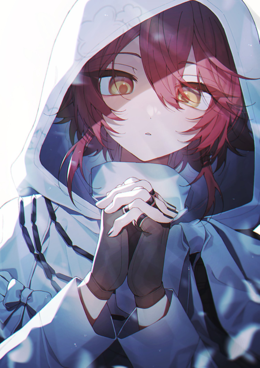 1boy black_nails brown_gloves cloak coojisan fingerless_gloves gloves hair_between_eyes hanasaki_miyabi high_collar highres holostars hood hood_up hooded_cloak long_sleeves looking_at_viewer male_focus official_alternate_costume own_hands_clasped own_hands_together parted_lips redhead shirt short_hair simple_background solo upper_body virtual_youtuber white_background white_cloak white_shirt yellow_eyes