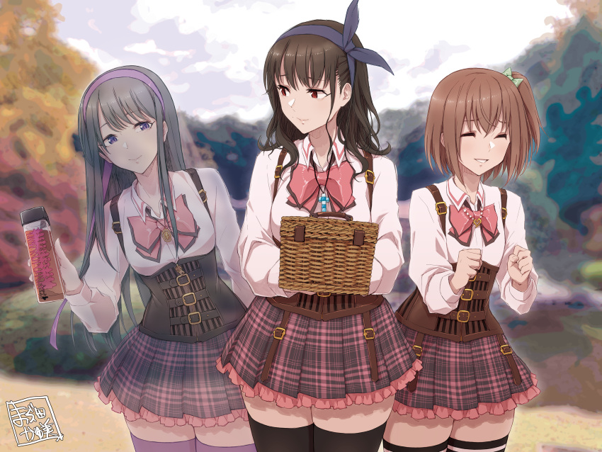 3girls absurdres amamiya_sophia_seren artist_name assault_lily bangs basket belt belt_buckle black_hair black_thighhighs blue_bow blue_hairband blurry blurry_background bottle bow bowtie breasts brown_belt brown_hair buckle closed_eyes closed_mouth collared_shirt commentary_request corset cross cross_necklace crossed_bangs dated_commentary day fading green_bow hair_between_eyes hair_bow hair_ribbon hairband hand_up hands_up heart heart_necklace highres holding holding_basket holding_bottle jewelry kishimoto_maria_mirai kuroki_francisca_yuria long_hair looking_at_another looking_to_the_side ludvico_private_girls'_academy_school_uniform mabuta_kayumi medium_breasts medium_hair miniskirt mole mole_under_eye multiple_belts multiple_girls necklace one_side_up outdoors pendant picnic_basket pink_bow pink_bowtie pink_skirt plaid plaid_skirt purple_hairband purple_ribbon purple_thighhighs red_eyes ribbon school_uniform shirt side-by-side sidelocks skirt standing striped striped_thighhighs suspenders thigh-highs tree underbust violet_eyes white_shirt zettai_ryouiki