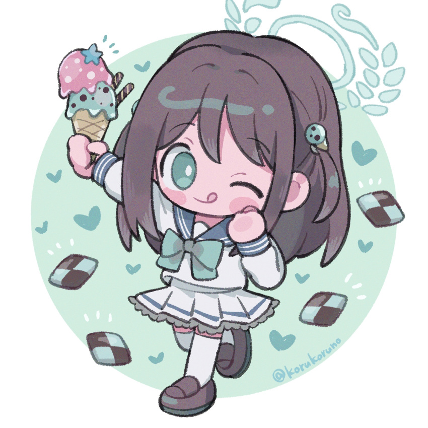 1girl ;q airi_(blue_archive) bangs black_hair blue_archive blue_sailor_collar blush_stickers bow brown_footwear checkerboard_cookie chibi closed_mouth cookie double_scoop food food-themed_hair_ornament full_body green_background green_bow hair_between_eyes hair_ornament halo heart highres holding holding_food ice_cream ice_cream_cone koru_koruno loafers long_hair long_sleeves looking_at_viewer notice_lines one_eye_closed pleated_skirt sailor_collar shirt shoes skirt smile standing standing_on_one_leg thigh-highs tongue tongue_out twitter_username two-tone_background white_background white_shirt white_skirt white_thighhighs