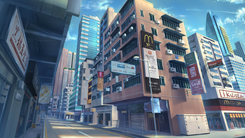 absurdres air_conditioner blue_sky building city cityscape clouds commentary_request day highres kuroneko_(hmilk) lamppost no_humans original outdoors road scenery sky skyscraper street