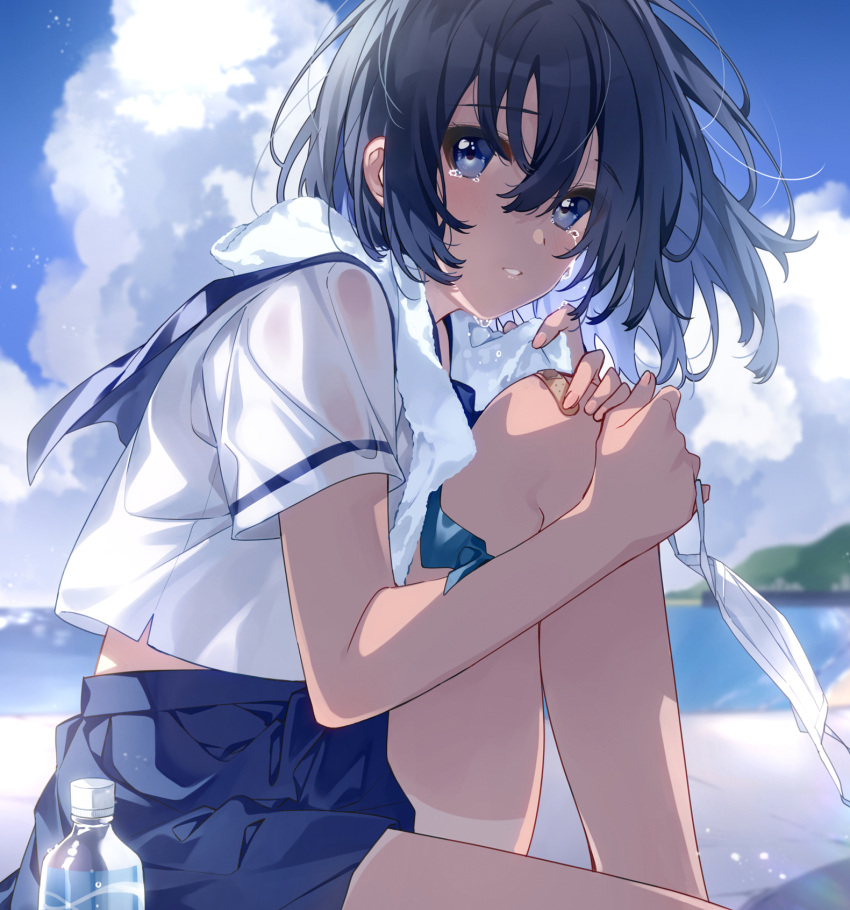 1girl bandaid bandaid_on_knee bandaid_on_leg bare_arms bare_legs black_hair blue_eyes blue_sailor_collar blue_skirt blurry blurry_background bottle clouds collared_shirt crying crying_with_eyes_open day hair_between_eyes highres long_hair miniskirt original outdoors parted_lips sailor_collar sailor_shirt shiny shiny_hair shirt short_sleeves sitting skirt solo tears towel towel_around_neck u35 water_bottle white_shirt