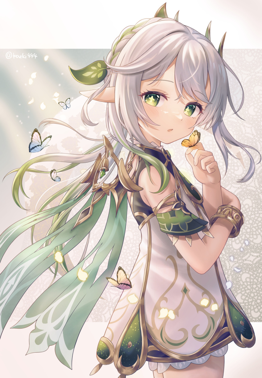 1girl bangs bare_shoulders blush bracelet braid bug butterfly butterfly_on_hand cape colored_tips cross-shaped_pupils detached_sleeves dress genshin_impact gold_trim gradient_hair green_cape green_eyes green_hair green_sleeves hair_ornament hands_up highres jewelry kazki444 leaf_hair_ornament long_hair looking_at_viewer looking_to_the_side multicolored_hair nahida_(genshin_impact) parted_lips pointy_ears sidelocks sleeveless sleeveless_dress solo twitter_username white_dress white_hair
