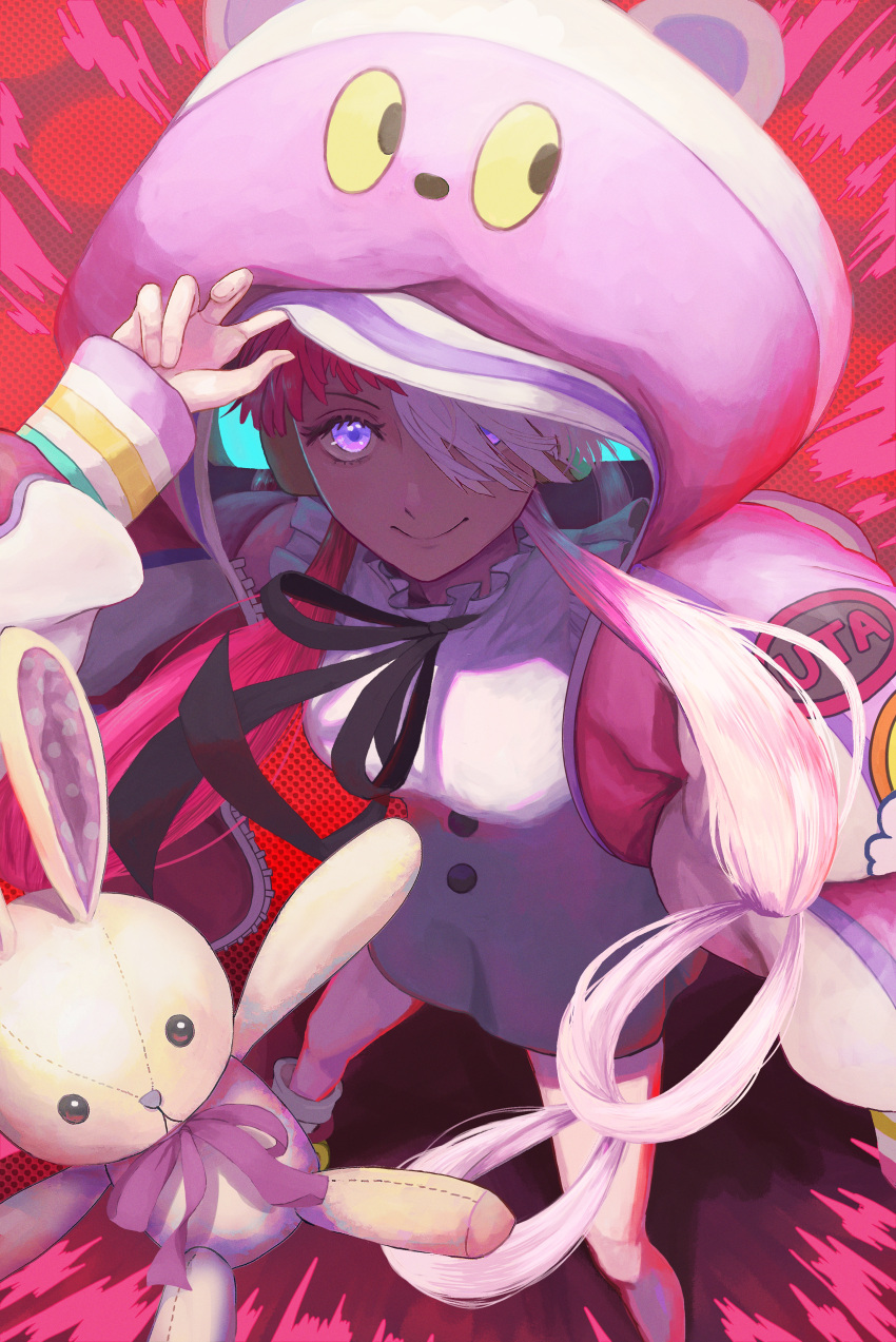 1girl abstract_background absurdres animal_hood bare_legs black_bow black_bowtie bow bowtie buttons character_name commentary dress full_body highres hood hood_up hoodie leaning_forward long_hair long_sleeves looking_at_viewer multicolored_hair nakauma one_piece pink_background pink_hoodie redhead shirt shoes smile sneakers solo stuffed_animal stuffed_bunny stuffed_toy twintails two-tone_hair uta_(one_piece) violet_eyes white_hair white_shirt