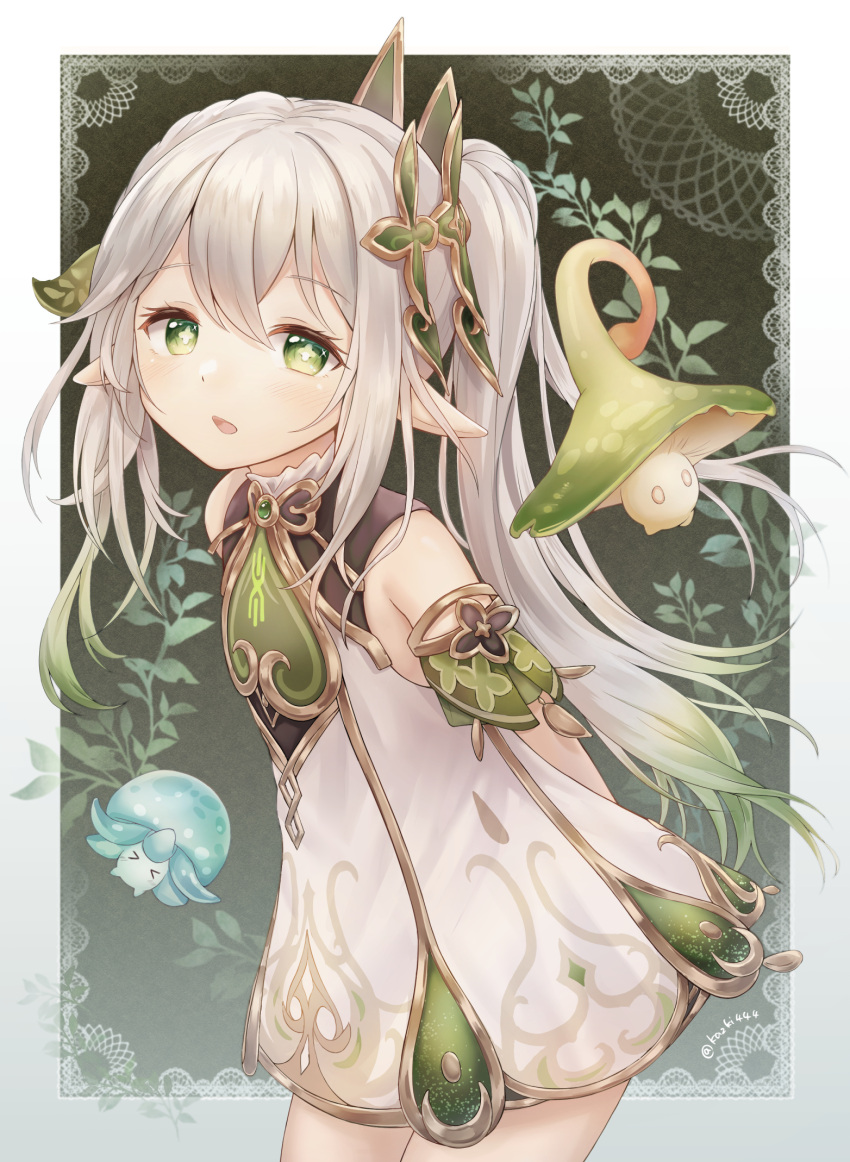 1girl arms_behind_back bangs bare_shoulders blush border colored_tips cross-shaped_pupils detached_sleeves dress fungi_(genshin_impact) genshin_impact gold_trim gradient_hair green_eyes green_hair green_sleeves hair_ornament highres kazki444 leaf_hair_ornament leaning_forward long_hair looking_at_viewer multicolored_hair nahida_(genshin_impact) open_mouth outside_border pointy_ears side_ponytail sidelocks sleeveless sleeveless_dress solo twitter_username white_dress white_hair
