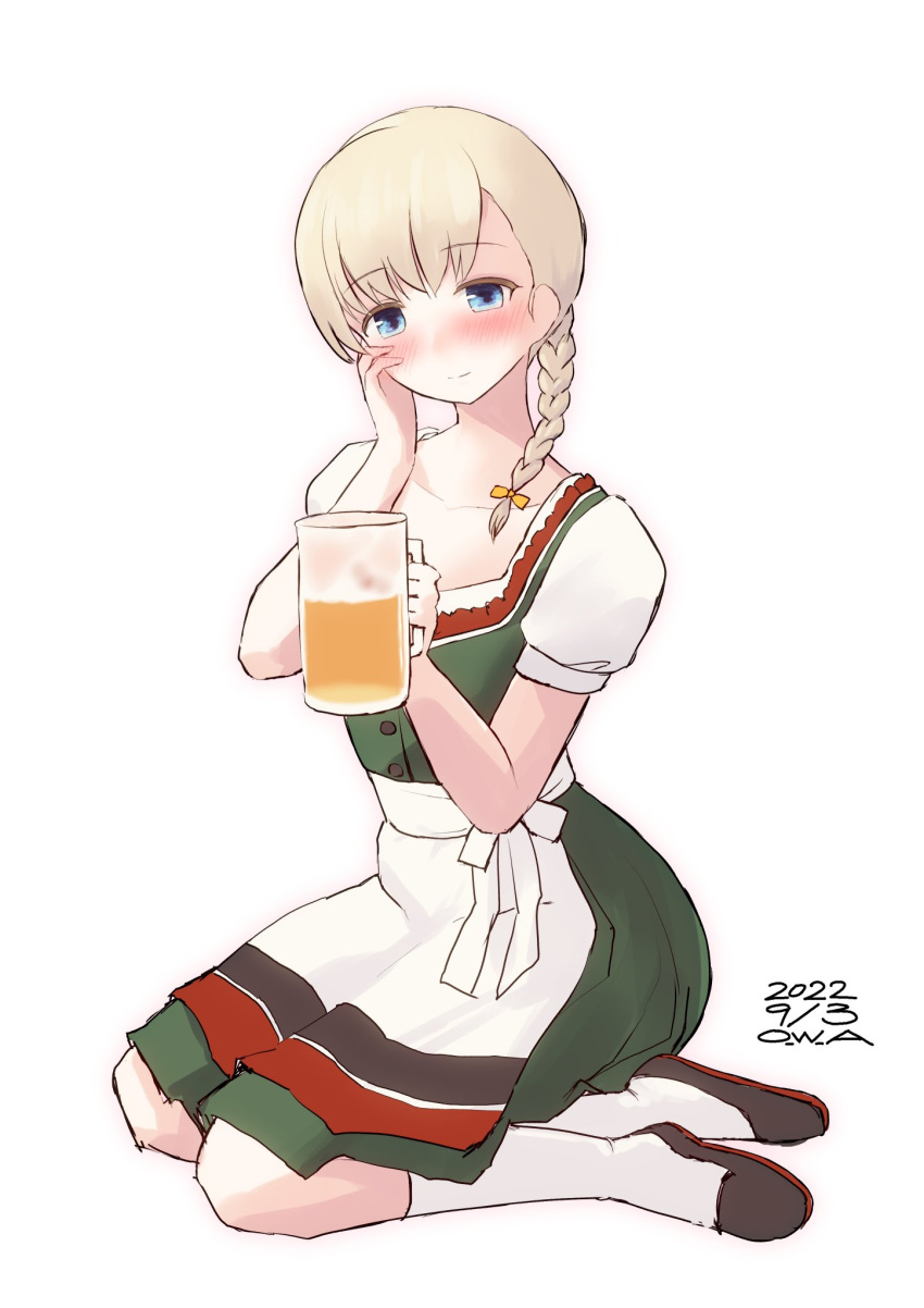 1girl alcohol apron bangs beer beer_mug blonde_hair blue_eyes blunt_bangs commentary_request cup dirndl dress drunk flat_chest german_clothes green_dress hair_over_shoulder highres kantai_collection long_hair looking_at_viewer mug official_alternate_costume one-hour_drawing_challenge owa_(ishtail) shin'you_(kancolle) shirt solo waist_apron white_apron white_shirt