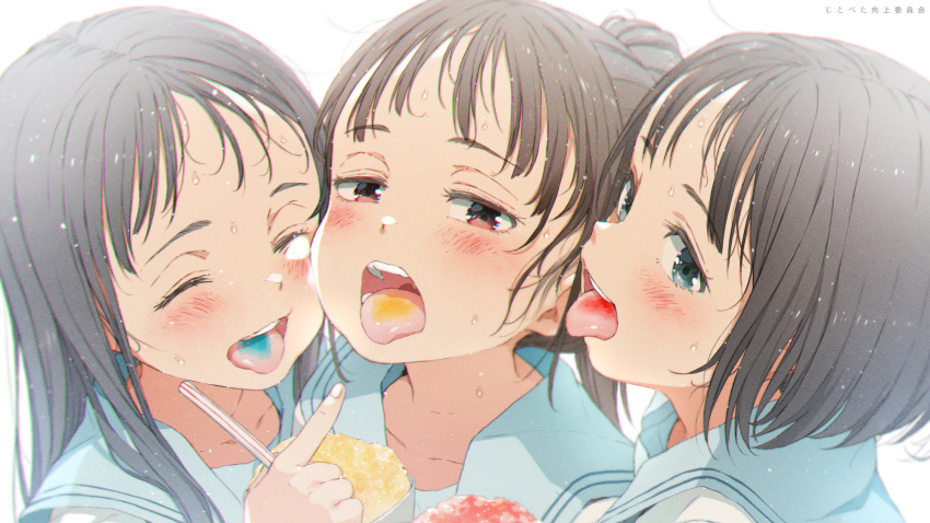 3girls :d ^_^ bangs black_hair blue_sailor_collar blush closed_eyes commentary_request forehead gomennasai grey_eyes highres long_hair looking_at_viewer multiple_girls original red_eyes sailor_collar school_uniform serafuku shaved_ice shirt simple_background smile sweat thick_eyebrows tongue tongue_out translation_request upper_body white_background white_shirt