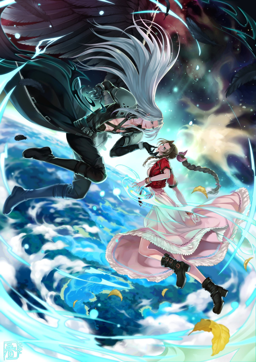 1boy 1girl aerith_gainsborough armor bangle bangs belt black_footwear black_gloves black_jacket black_pants black_wings boots bracelet braid braided_ponytail breasts brown_footwear brown_hair chest_strap clouds cloudy_sky collarbone cropped_jacket dress falling_petals feathered_wings final_fantasy final_fantasy_vii final_fantasy_vii_remake floating full_body gloves green_eyes grey_hair hair_ribbon halu-ca hand_on_another's_chin highres jacket jewelry lifestream long_bangs long_dress long_hair long_jacket long_sleeves looking_at_another medium_breasts pants parted_bangs parted_lips pectorals petals pink_dress pink_ribbon red_jacket ribbon sephiroth short_sleeves shoulder_armor sidelocks single_wing sky space straight_hair stratosphere wavy_hair wings