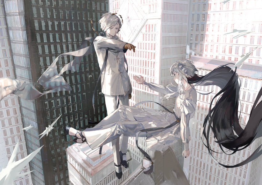1boy 1girl absurdly_long_hair aoaso black_footwear black_hair building commentary_request dress feet_out_of_frame floating formal full_body high_heels highres long_hair multicolored_hair original outstretched_hand serious short_hair skyscraper suit tagme two-tone_hair very_long_hair white_dress white_hair white_suit white_theme