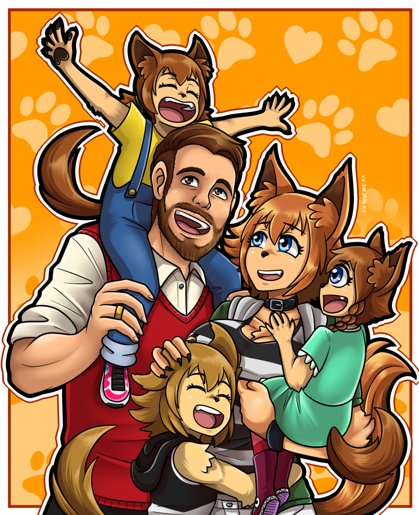 1boy 4girls absurdres animal_ears blue_eyes brown_hair child claws closed_eyes dog_girl dog_tail family fang fangs father_and_child father_and_daughter furry furry_female happy highres husband_and_wife if_they_mated jewelry monster_girl monster_musume_no_iru_nichijou mother_and_child mother_and_daughter multiple_girls open_mouth parent_and_child polt ring short_hair smile tail toddler wedding_ring
