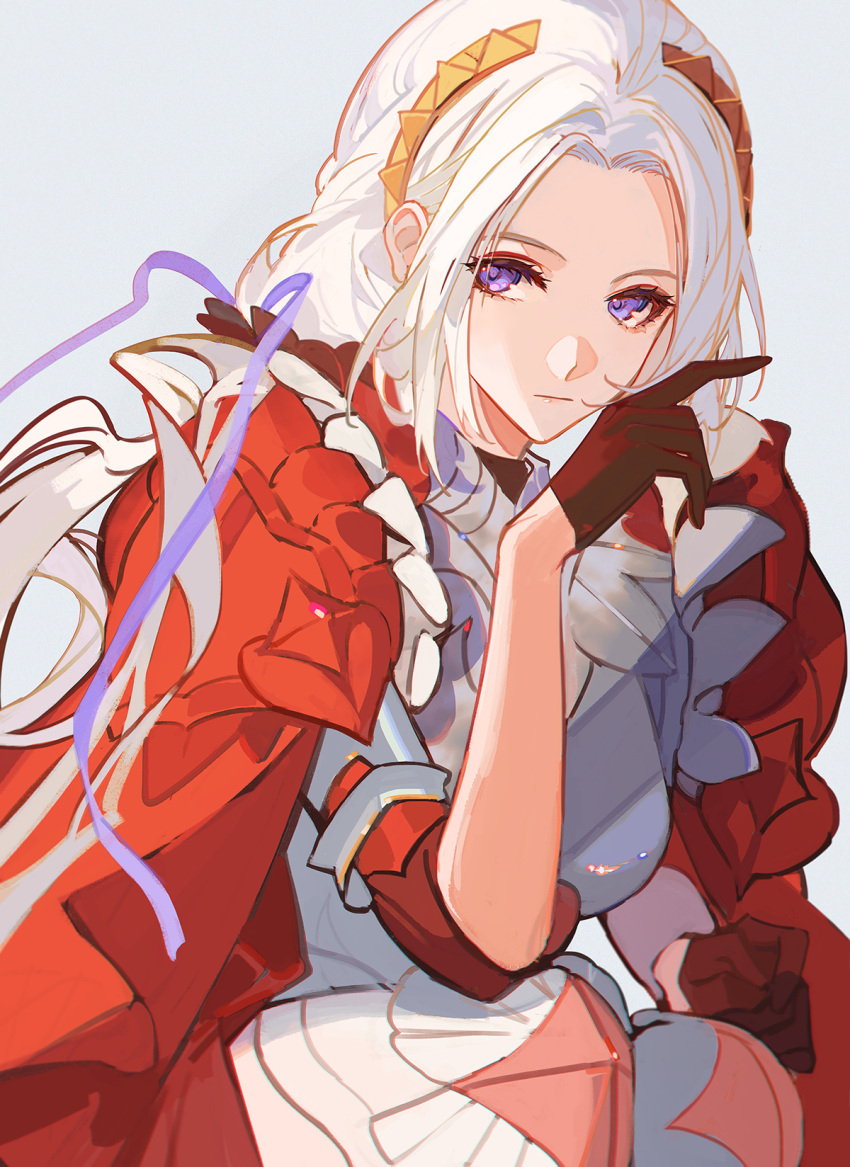 1girl alternate_costume alternate_hairstyle armor armored_dress breastplate cape closed_mouth commentary edelgard_von_hresvelg english_commentary fire_emblem fire_emblem:_three_houses fire_emblem_warriors:_three_hopes forehead gloves grey_background hair_ornament highres long_hair looking_at_viewer official_alternate_costume purple_ribbon red_cape red_gloves ribbon satsuya simple_background sitting sleeves_rolled_up solo violet_eyes white_hair