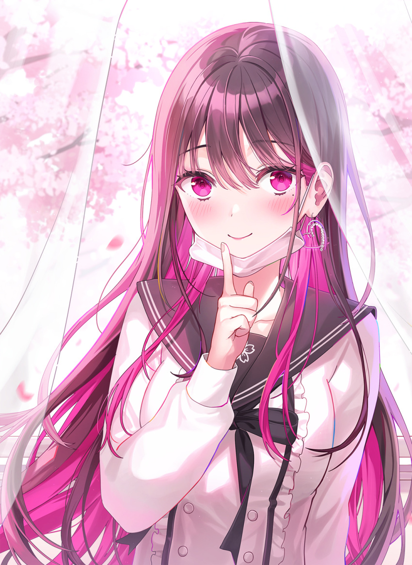 1girl bangs black_hair blush cherry_blossoms colored_inner_hair earrings finger_to_mouth heart heart_earrings highres jewelry long_hair looking_at_viewer mask mask_pull mole mole_under_eye mouth_mask multicolored_hair original petals purple_hair rangu sailor_collar smile solo upper_body violet_eyes