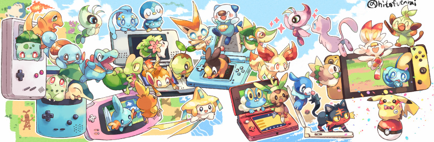 &gt;_&lt; :&lt; :3 ^_^ alternate_color animal_ear_fluff animal_focus anniversary arms_up artist_name badge bandaid bandaid_on_face bandaid_on_nose beach black_eyes blue_sky blush_stickers bow bowtie bright_pupils brown_eyes buck_teeth bulbasaur celebi charmander chespin chikorita chimchar closed_eyes closed_mouth clouds colored_sclera commentary_request confetti cyndaquil day everyone fairy fairy_wings fang fangs fennekin fire flame-tipped_tail floating flower froakie from_behind from_side full_body game_boy game_boy_advance game_boy_color grass green_eyes grookey handheld_game_console hands_up happy highres hitofutarai jirachi jumping latias latios leaf litten looking_at_another looking_down looking_up manaphy mew mudkip nervous nintendo_3ds nintendo_3ds_ll nintendo_ds nintendo_ds_lite nintendo_switch no_humans ocean open_mouth oshawott outdoors outline outstretched_arms partial_commentary path pink_flower piplup poke_ball poke_ball_(basic) pokemon pokemon_(creature) pokemon_(game) pokemon_bw pokemon_dppt pokemon_gsc pokemon_rgby pokemon_rse pokemon_sm pokemon_swsh pokemon_xy popplio profile pyukumuku rattata rayquaza red_bow red_bowtie red_eyes road rowlet sand scorbunny seashell shadow shaymin shaymin_(land) shell shiny_pokemon signature skin_fang sky smile snivy snorlax sobble sparkle spread_arms squirtle standing starter_pokemon_trio sudowoodo sweatdrop teeth tepig through_screen torchic totodile traditional_bowtie treecko turtwig twitter_username u_u upper_body victini water white_outline white_pupils wings yellow_sclera