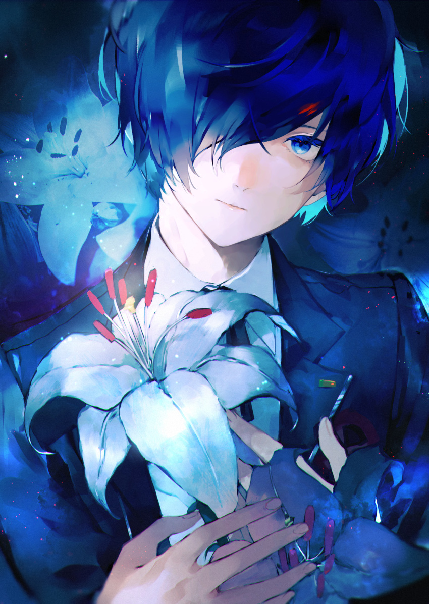 1boy black_ribbon blazer blue_eyes blue_hair closed_mouth collared_shirt flower hair_over_one_eye highres holding holding_flower jacket long_sleeves looking_at_viewer lor_(roasyerizyonirapi) male_focus neck_ribbon persona persona_3 ribbon shirt short_hair upper_body white_flower white_shirt wing_collar yuuki_makoto