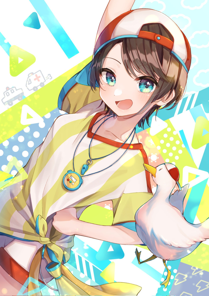 1girl aqua_eyes arm_up backwards_hat bangs baseball_cap bird breasts brown_hair collarbone duck hand_on_hip hat highres hololive kuwaefuru looking_at_viewer loose_clothes loose_shirt megaphone oozora_subaru open_mouth oversized_clothes oversized_shirt red_headwear shirt short_hair short_shorts short_sleeves shorts smile stopwatch striped striped_shirt subaru_duck swept_bangs t-shirt tied_shirt two-tone_headwear v-neck vertical-striped_shirt vertical_stripes virtual_youtuber whistle whistle_around_neck white_headwear white_shirt white_shorts yellow_shirt