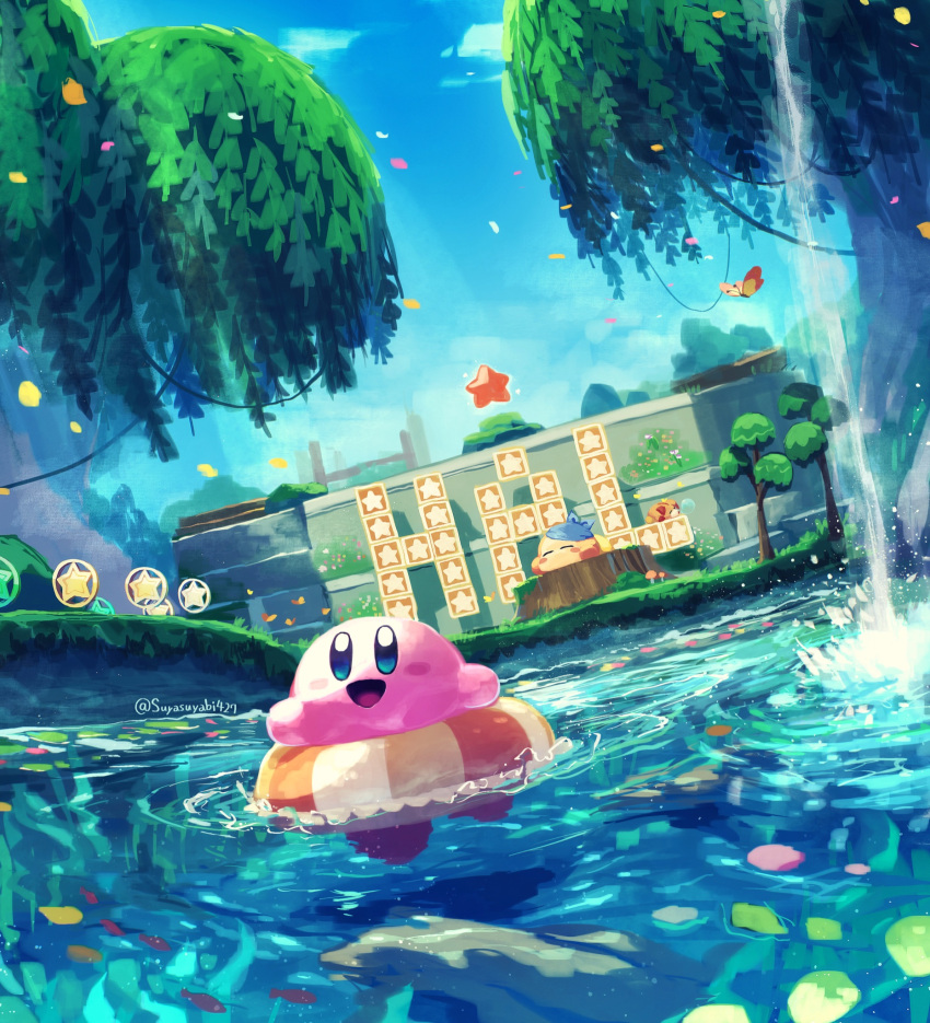awoofy bandana bandana_waddle_dee block blue_sky blush_stickers bug butterfly closed_eyes clouds colored_skin day falling_leaves grass highres kirby kirby_(series) kirby_and_the_forgotten_land leaf lifebuoy mushroom nature no_humans open_mouth petals petals_on_liquid pink_skin scenery sky sleeping smile suyasuyabi tree_stump twitter_username warp_star water waterfall