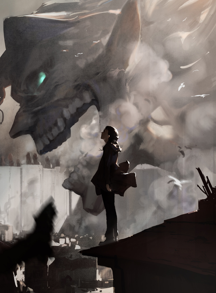 1boy absurdres black_coat boots coat dino_(dinoartforame) eren_yeager from_side green_eyes hair_pulled_back half_updo highres hooded_coat looking_up open_mouth pointy_ears rogue_titan scenery shingeki_no_kyojin standing teeth titan_(shingeki_no_kyojin) wall