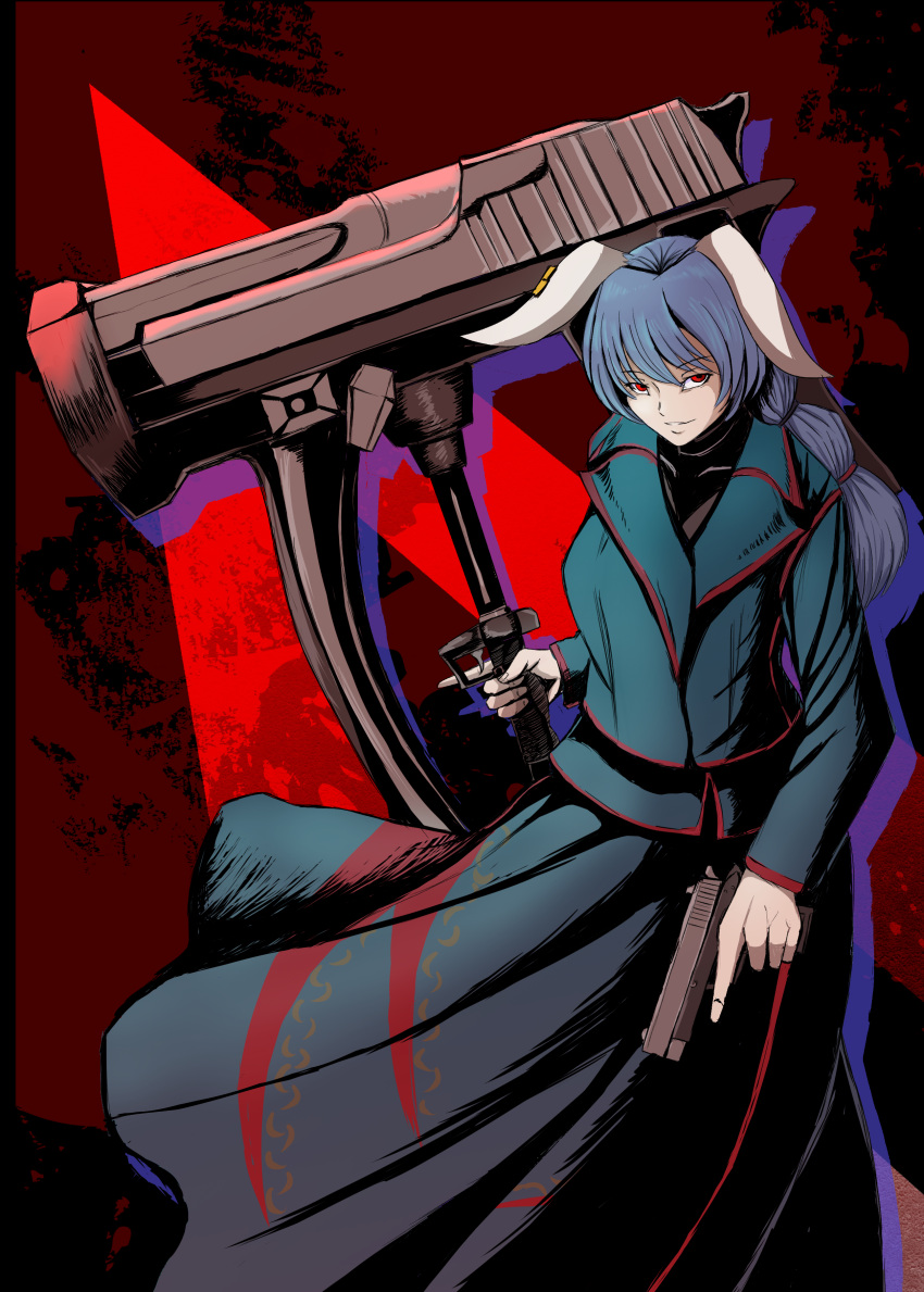 1girl absurdres animal_ears back_cover blue_hair coat cover dual_wielding earclip floppy_ears full_body gun handgun highres holding holding_weapon long_sleeves looking_at_viewer looking_to_the_side mallet oversized_object rabbit_ears red_background red_eyes seiran_(touhou) smile solo splatter splatter_background textless_version touhou trench_coat trigger_discipline war_hammer weapon weedhollow_(dokuran)